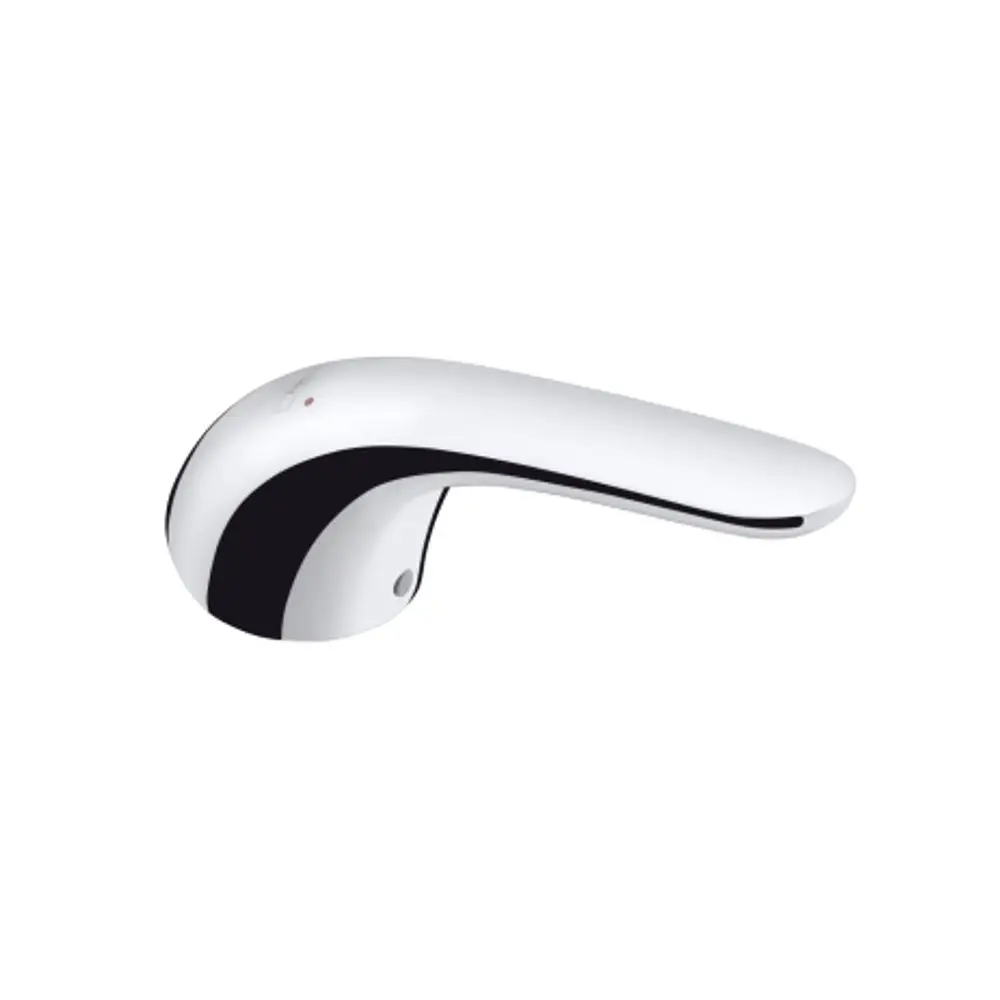 Weißer Küchenmischer mit ergonomischem Griff, designed von Hansgrohe. Die klare Linienführung und die Funktionalität sind gut sichtbar.